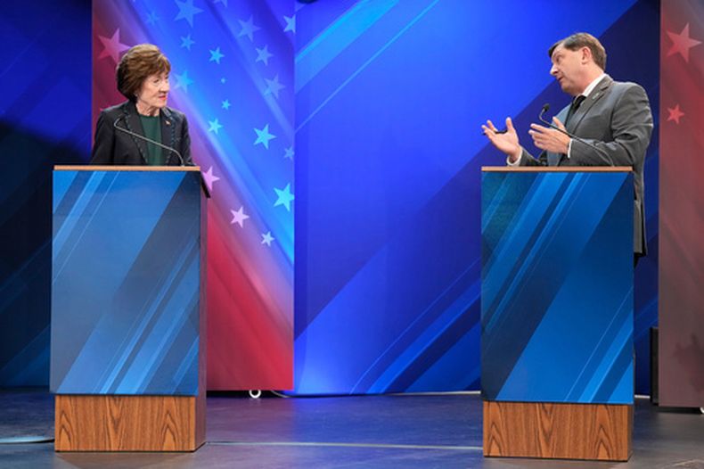 El demócrata Troy Jackson, derecha, le plantea una pregunta a la senadora republicana Susan Collins durante el debate final para el Senado federal por el estado de Maine, en Bangor, Maine, el jueves 15 de octubre de 2026. (Gregory A. Rec/Portland Press Herald vía AP, Pool)