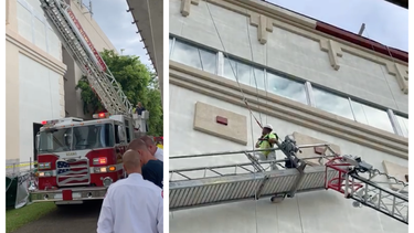 dos obreros pasaron el susto de su vida tras quedar colgados de un cable de seguridad