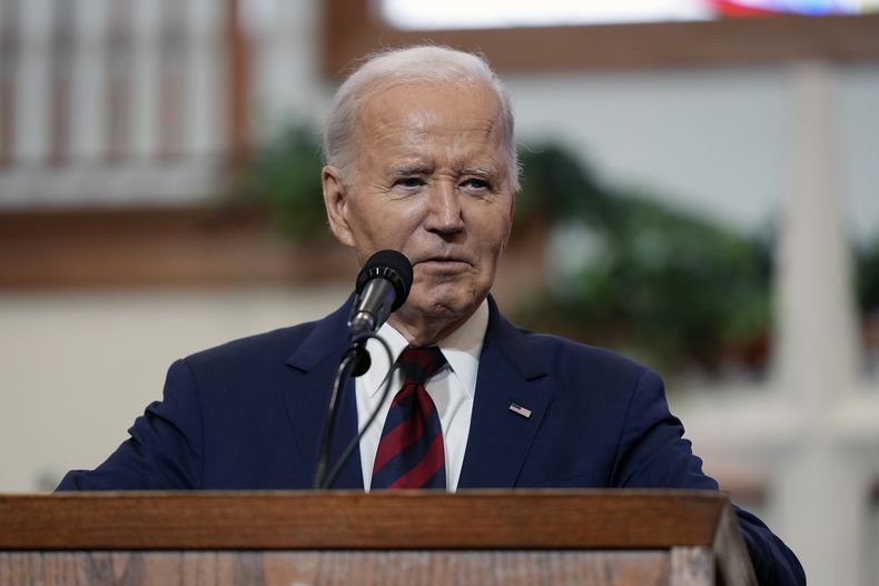 El presidente Joe Biden en la Royal Missionary Baptist Church en North Charleston, Carolina del Sur, el 19 de enero del 2025. (Foto AP/Stephanie Scarbrough)