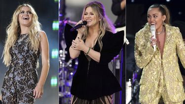 En esta combinación de fotografías, Kelsea Ballerini en el CMA Fest 2022 en Nashville, Tennesee, el 10 de junio de 2022, izquierda, Kelly Clarkson durante una presentación en Today de NBC en Nueva York el 22 de septiembre de 2023, centro, y Miley Cyrus durante su presentación en la 61a edición anual del Grammy en Los Angeles el 10 de febrero de 2019. Las tres artistas han realizado álbumes a partir de sus divorcios y están nominadas al Grammy. (Foto AP)