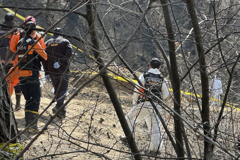 Miembros de los bomberos, el Servicio Forense Nacional e Investigación de Escenas de Crimen de Corea investigan un lugar en Uiseong, Corea del Sur, el lunes 31 de marzo de 2025. (Kim Sun-hyung/Yonhap via AP)