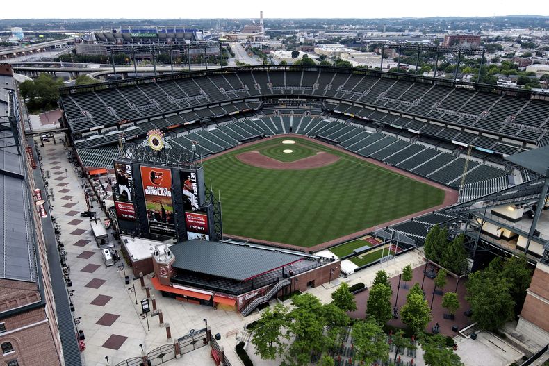 ARCHIVO - Foto del 7 de junio del 2020, una vista aérea del Oriole Park en Camden Yards. El miércoles 19 de julio del 2023, integrante de la junta del estado de Maryland admite que han demorado demasiado la firma de un nuevo acuerdo para extender el contrato de los Orioles con Camden Yards. (AP Foto/Julio Cortez, Archivo)