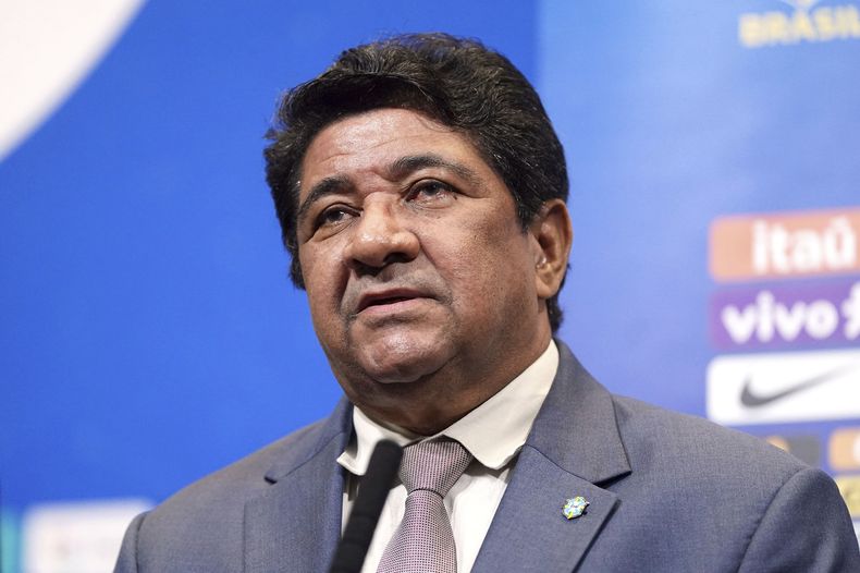 ARCHIVO: El presidente de la Confederación Brasileña de Fútbol, Ednaldo Rodrigues, asiste a una conferencia de prensa en el estadio de Wembley en Londres, el viernes 22 de marzo de 2024. (Nick Potts/PA vía AP)