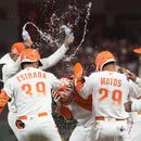 Joc Pederson, de los Gigantes de San Francisco, es felicitado por sus compañeros tras recibir un boleto con las bases llenas, para vencer a los Padres de San Diego, el martes 20 de junio de 2023 (AP Foto/Jeff Chiu)