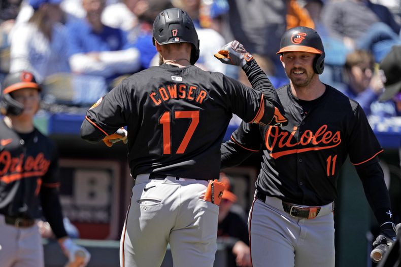 Jordan Westburg (11), de los Orioles de Baltimore, celebra con Colton Cowser (17) después de que Cowser bateara cuadrangular solitario en la tercera entrada del juego de béisbol en contra de los Reales de Kansas City el domingo 21 de abril de 2024, en Kansas City, Missouri. (AP Foto/Charlie Riedel)