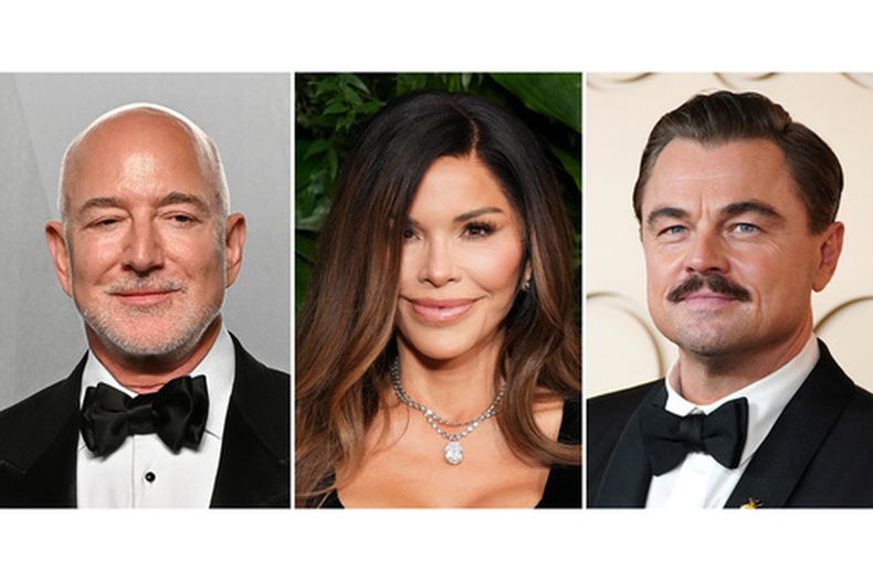 Jeff Bezos en la fiesta Vanity de los Oscar en Los Ángeles el 15 de marzo del 2026 (izq), Lauren Sanchez Bezos en la cena de los Oscar de Chanels en Beverly Hills, California, el 1 de marzo del 2025 (cent) y Leonardo DiCaprio en los Oscar en Los Ángeles el 15 de marzo del 2026. (AP foto)
