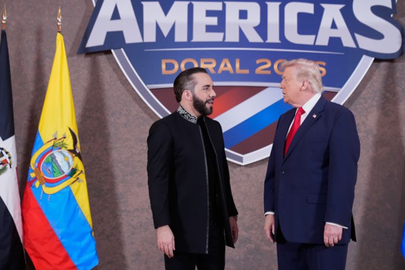 ARCHIVO – El presidente de Estados Unidos, Donald Trump, saluda a su homólogo de El Salvador, Nayib Bukele, izquierda, en la cumbre Escudo de las Américas, el 7 de marzo de 2026, en el Trump National Doral Miami en Doral, Florida. (AP Foto/Mark Schiefelbein, Archivo)