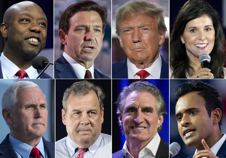 Esta combinación de fotografías muestra a los precandidatos republicanos a la presidencia. En la parte superior desde la izquierda aparece el senador Tim Scott, seguido del gobernador de Florida Ron DeSantis, del expresidente estadounidense Donald Trump y de la exgobernadora de Carolina del Sur Nikki Haley. En la parte inferior desde la izquierda se muestra al exvicepresidente Mike Pence, al exgobernador de Nueva Jersey Chris Christie, al gobernador de Dakota del Norte Doug Burgum y al empresario Vivek Ramaswamy. Los ocho precandidatos han cumplido con los requisitos para participar en el primer debate presidencial republicano. (AP Foto)