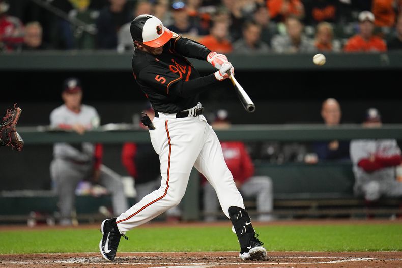 Adley Rutshmann, de los Orioles de Baltimore, conecta un jonrón de dos carreras en el duelo ante los Nacionales de Washington, el miércoles 27 de septiembre de 2023 (AP Foto/Julio Cortez)
