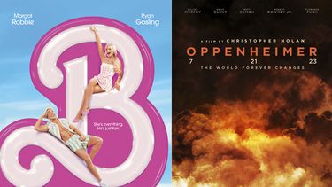 Esta combinación de imágenes muestra el arte promocional de Barbie, a la izquierda, y Oppenheimer. (Warner Bros Pictures/Universal Pictures vía AP)