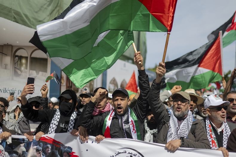 La protesta en contra de Israel en Rabat, Marruecos, el 6 de abril del 2025. (AP foto)