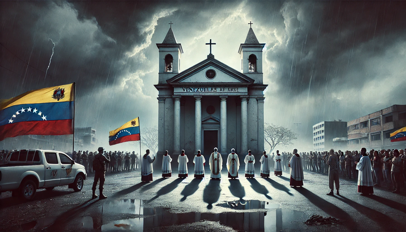 DALL·E 2025-01-16 16.50.34 - A dramatic and somber horizontal image of a Catholic church in Venezuela at risk, surrounded by ominous storm clouds symbolizing uncertainty and dange.webp