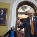 El líder de la mayoría en el Senado, el demócrata por Nueva York Chuck Schumer, celebra mientras el Senado comienza a votar la ley de financiamiento del gobierno justo a tiempo para cumplir el plazo límite de medianoche, en el Capitolio, Washington, el viernes 20 de diciembre de 2024. (AP Foto/J. Scott Applewhite)