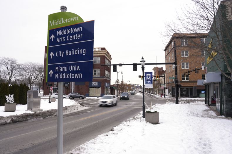 Vista de la avenida principal en el centro de Middletown, Ohio, el 14 de enero de 2025. Esta es la ciudad natal del vicepresidente electo JD Vance. (AP Foto/Kareem Elgazzar)