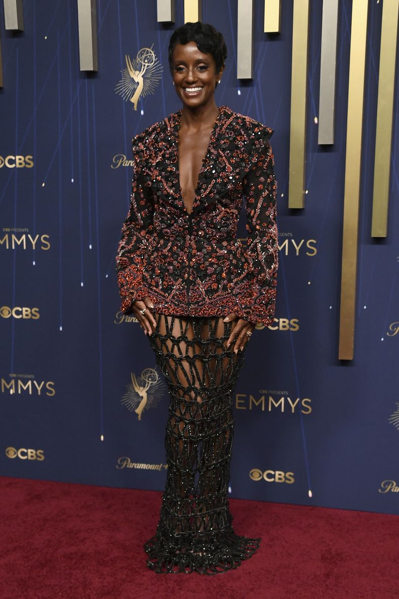 Skye P. Marshall llega a la 77.ª edición de los Premios Emmy el domingo 14 de septiembre de 2025 en el Teatro Peacock de Los Ángeles. (Foto Richard Shotwell/Invision/AP)
