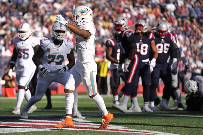 El fullback de los Miami Dolphins, Alec Ingold, al centro, celebra después de su touchdown durante la segunda mitad Contra los New England Patriots, el domingo 6 de octubre de 2024, en Foxborough, Massachusetts (AP Foto/Steven Senne)