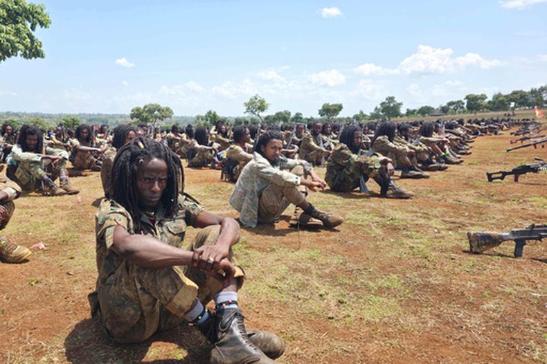 ARCHIVO – Combatientes del Ejército de Liberación Oromo (OLA, por sus siglas en inglés) asisten a una sesión de orientación en Oromía occidental, Etiopía, el 2 de junio de 2025. (AP Foto, Archivo)