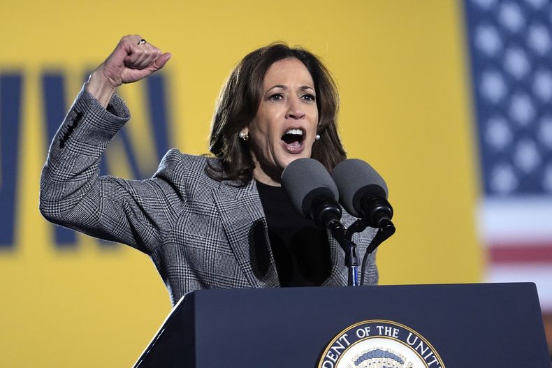 La candidata presidencial demócrata y vicepresidenta, Kamala Harris, habla en un evento de campaña en Burns Park, el lunes 28 de octubre de 2024, en Ann Arbor, Michigan. (AP Foto/Paul Sancya)