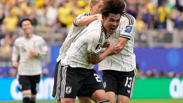 Kaishu Sano celebra tras marcar el gol de Japón en el partido de la ronda de 16vos de final contra Brasil, el lunes 29 de junio de 2026, en Houston. (AP Foto/Ashley Landis)