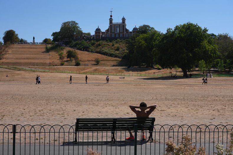 Un hombre descansa en un banco en el parque de Greenwich, en medio de la hierba seca, en Londres, el 11 de agpsto de 2026. (AP Foto/Kin Cheung)
