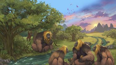 Esta ilustración, proporcionada por investigadores, muestra a simios de la especie Gigantopithecus blacki en un bosque en la región Guangxi del sur de China. (Garcia/Joannes-Boyau/Universidad Southern Cross)