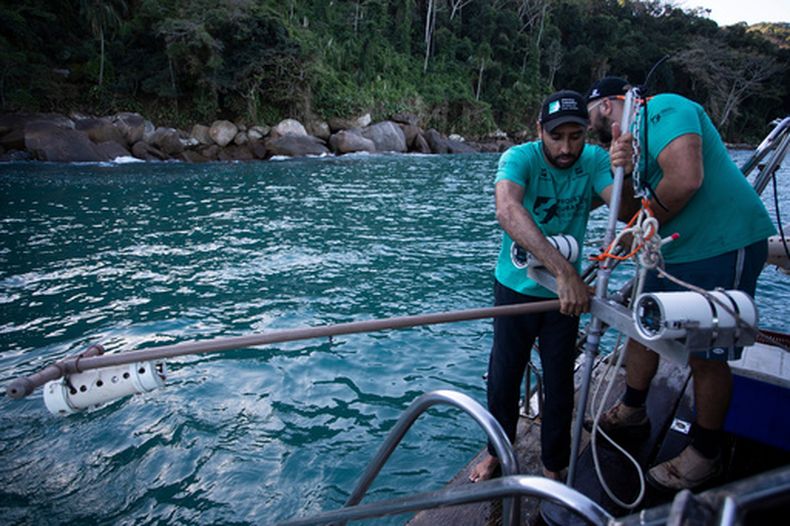 El coordinador científico Leonardo Mitrano Neves, a la izquierda, y el coordinador de campo y logística, Daniel Shimada Brotto, recuperan un Sistema Submarino Remoto de Video con carnada durante una operación de monitoreo como parte de un proyecto de tiburones en Bahía Ilha Grande, en el estado de Río de Janeiro, el 14 de julio de 2026, en Brasil. (AP Foto/Bruna Prado)