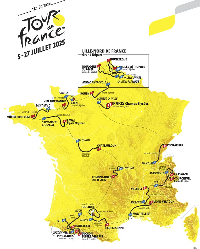 Imagen dada por Amaury Sport Organisation (ASO) en la que se ve la ruta que seguirá el Tour de Francia y que fue dado a conocer el martes 29 de octubre del 2024. (ASO via AP)