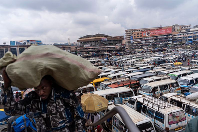 Minibuses llenan un estacionamiento de taxis cerca del mayor mercado de Kampala, Uganda, el 23 de noviembre del 2024. (AP foto/David Goldman)