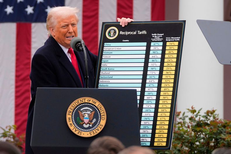 ARCHIVO - El presidente de EEUU, Donald Trump, habla durante un evento para anunciar nuevos aranceles en la Casa Blanca, en Washington, el 2 de abril de 2025. (AP Foto/Mark Schiefelbein/Archivo)