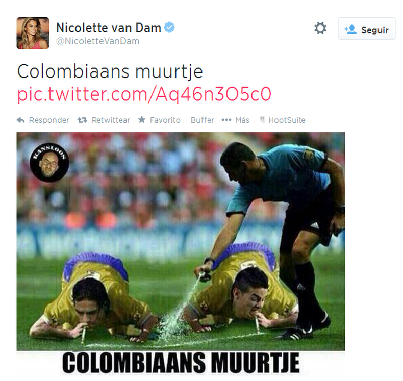 La actriz holandesa Nicolette Van Dam publicó en su cuenta de Twitter una imagen donde aparecen James Rodríguez y Falcao García "aspirando" la espuma blanca utilizada por los árbitros Fifa en el Mundial de Brasil 2014.