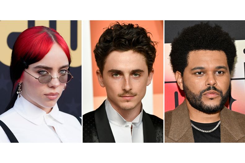 Esta combinación de fotos muestra a Billie Eilish, de izquierda a derecha, Timothée Chalamet y The Weeknd. (AP Photo)