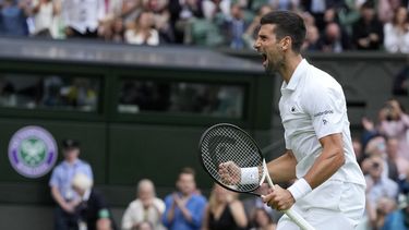 Novak Djokovic festeja tras derrotar a Andrey Rublev en las semifinales de Wimbledon, el martes 11 de julio de 2023, en Londres (AP Foto/Kirsty Wigglesworth)
