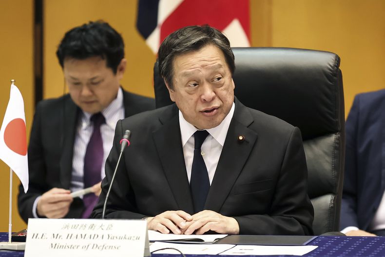 El ministro de defensa de Japón Yasukazu Hamada en un evento en Tokio el 16 de marzo de 2023. . (Takashi Aoyama/Pool Photo via AP)