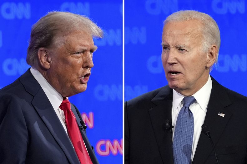 Esta combinación de fotografías muestra al candidato republicano a la presidencia, el expresidente Donald Trump (izquierda) y al presidente Joe Biden durante un debate organizado por la cadena CNN, el jueves 27 de junio de 2024, en Atlanta. (AP Foto/Gerald Herbert)