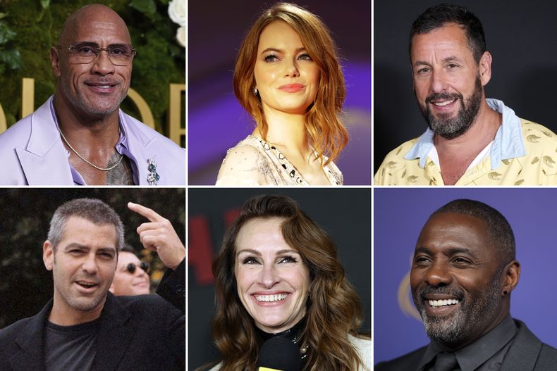 Esta combinación de fotos muestra, de arriba a la izquierda, a Dwayne Johnson el 5 de enero de 2025, a Emma Stone el 30 de agosto de 2018 y a Adam Sandler el 20 de agosto de 2024. De abajo a la izquierda, a George Clooney el 8 de septiembre de 1998, a Julia Roberts el 4 de diciembre de 2023 y a Idris Elba el 15 de septiembre de 2024. (Foto AP/Jordan Strauss, Kirsty Wigglesworth, Charles Sykes, Francesco Proietti, Evan Agostini, Jae C. Hong)