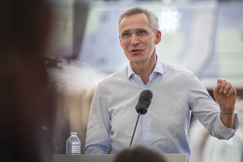 El secretario general de la OTAN, Jens Stoltenberg, en conferencia de prensa en Pabrade, Lituania, el 26 de junio de 2023. (AP Foto/Mindaugas Kulbis)