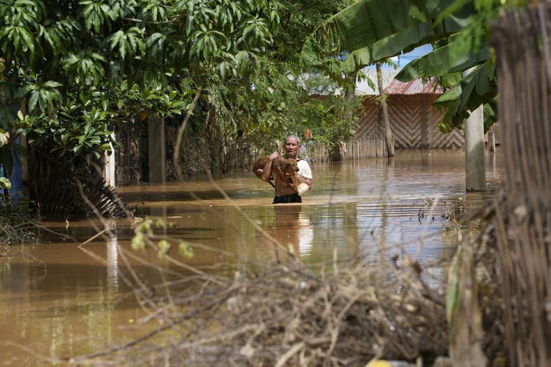 Un hombre carga a un perro a través de un camino inundado en Naypyitaw, Myanmar, el sábado14 de septiembre de 2024. (AP Foto/Aung Shine Oo)