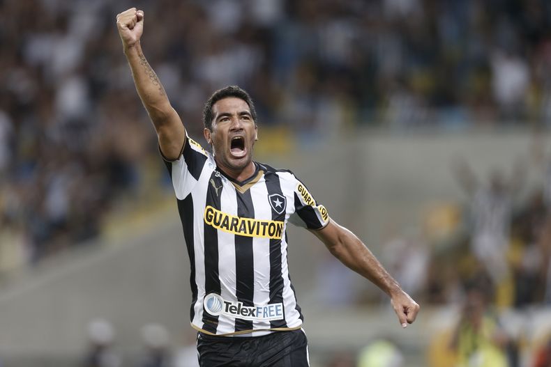 El argentino Juan Carlos Ferreyra, del Botafogo de Brasil, celebra su gol frente a San Lorenzo de Argentina, en un partido de la Copa Libertadores disputado el martes 11 de febrero de 2014 en R&iacute;o de Janeiro (AP Foto/Silvia Izquierdo)