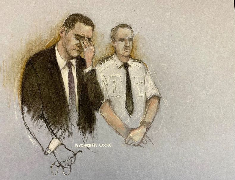 Bosquejo de artista que muestra a Paul Doyle en el tribunal de Liverpool el 25 de noviembre del 2025. (Bosquejo realizado por Elizabeth Cook/PA via AP)