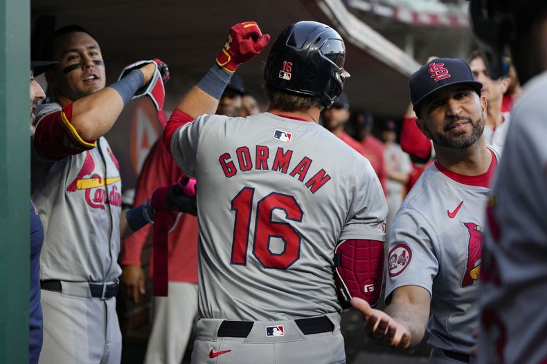 Nolan Gorman, de los Cardenales de San Luis, recibe la felicitación en la cueva luego de conectar un jonrón de dos carreras frente a los Rojos de Cincinnati, el martes 28 de mayo de 2024 (AP Foto/Jeff Dean)