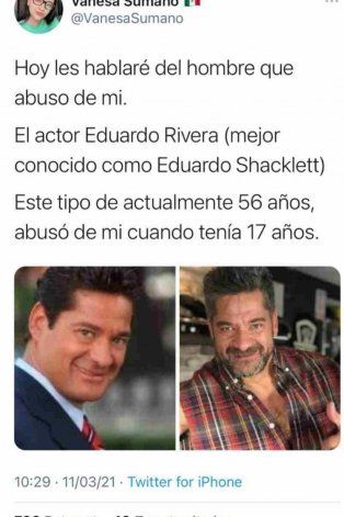 La mujer acusó al actor de abuso sexual cuando era menor de edad (Foto: Captura de pantalla / Twitter @vanesasumano)
