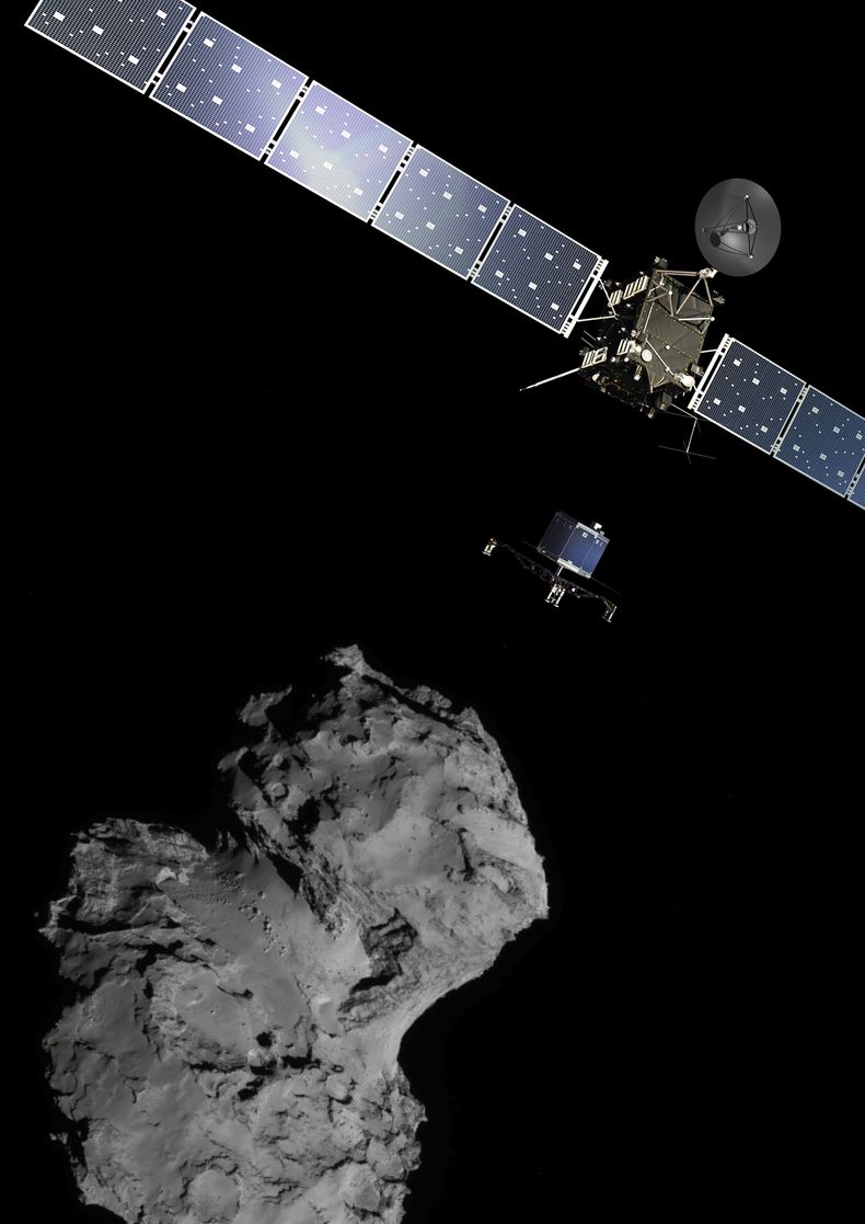 Esta foto difundida por la Agencia Espacial Europea muestra la misi&oacute;n Rosetta, una combinaci&oacute;n de varias im&aacute;genes para ilustrar el lanzamiento de la sonda Filae hacia el cometa  67P/Churyumov&ndash;Gerasimenko. La foto del cometa fue