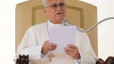 El papa León XIV sostiene su audiencia general seminal en la Plaza de San Pedro, en el Vaticano, el miércoles 28 de octubre de 2026. (AP Foto/Gregorio Borgia)
