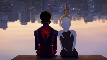 Esta imagen difundida por Sony Pictures Animation muestra a Miles Morales como Spider-Man, con la voz de Shameik Moore, a la izquierda, y Spider-Gwen, con la voz de Hailee Steinfeld, en una escena de Spider-Man: Across the Spider-Verse . (Sony Pictures Animation vía AP)