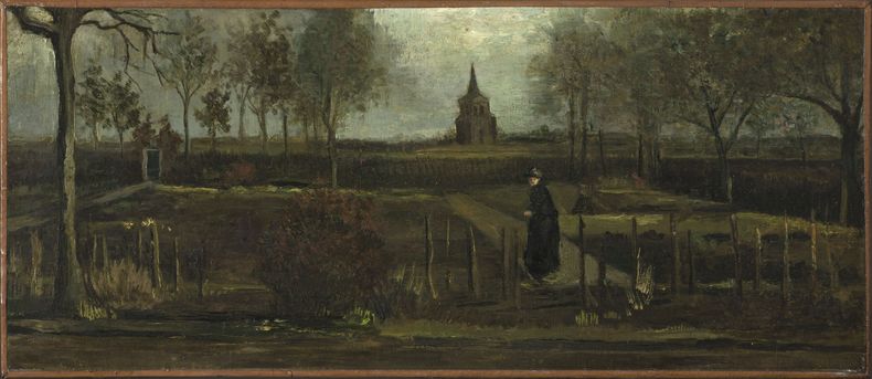 Esta fotografía sin fecha muestra la pintura “Jardín rectoral en Nuenen en primavera” de 1884, de Vincent van Gogh, en el Museo de Groninger, Países Bajos. La pintura es un préstamo del Ayuntamiento de Groningen. Más de tres años después de que fuera robada de un museo que estuvo cerrado durante la pandemia, esta pintura del maestro holandés Vincent van Gogh ha sido recuperada aunqe un poco deteriorada, dijo el martes 12 de diciembre de 2023 el Museo Groninger en los Países Bajos. (Marten de Leeuw/Groningen Museum vía AP)