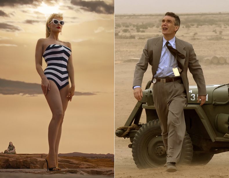 Esta combinación de imágenes muestra a Margot Robbie en una escena de Barbie, a la izquierda, y a Cillian Murphy en una escena de Oppenheimer. (Warner Bros Pictures/Universal Pictures vía AP)