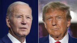 En esta combinación de fotos, el presidente Joe Biden, izquierda, habla en Salt Lake City, Utah, 10 de agosto de 2023, y el expresidente Donald Trump habla en Bedminster, Nueva Jersey, 13 de junio de 2023. (AP Foto)