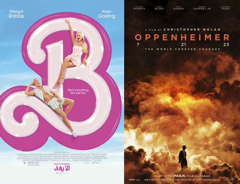 Esta combinación de imágenes muestra el arte promocional de Barbie, a la izquierda, y Oppenheimer. (Warner Bros Pictures/Universal Pictures vía AP)