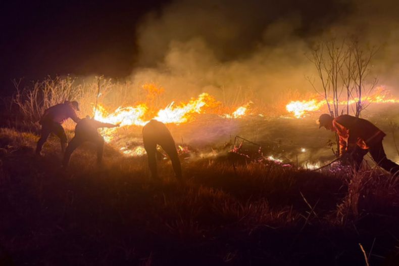 En esta imagen publicada por la Agencia de Alivio de Desastres de Java Oriental, bomberos tratan de apagar un incendio en el Parque Nacional Monte Bromo en Probolinggo, Indonesia, el sábado 8 de agosto de 2026. (Agencia de Alivio de Desastres de Java Oriental via AP)