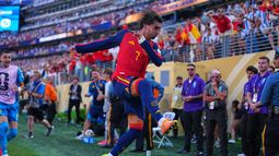 Ferran Torres, de España, festeja su gol ante Argentina en la final mundialista, el domingo 19 de julio de 2026 en East Rutherford, Nueva Jersey (AP Foto/Julio Cortez)